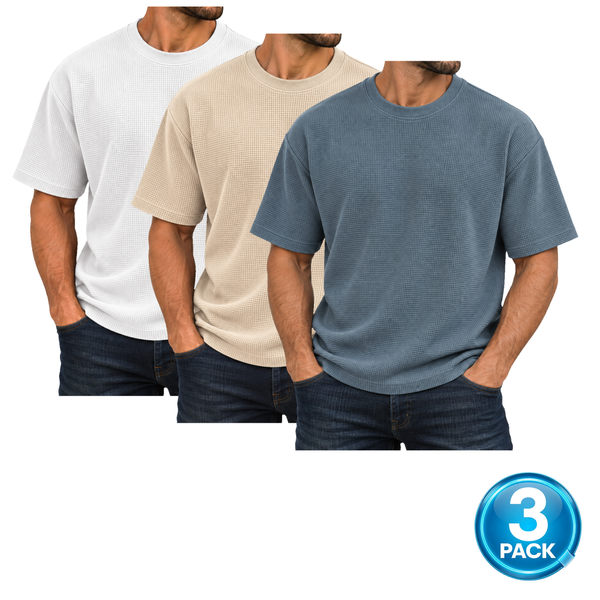 Men's 3 Pack Heavyweight Micro Waffle Knit Drop Shoulder Short Sleeve Tee in White, Sand & Steel Blue