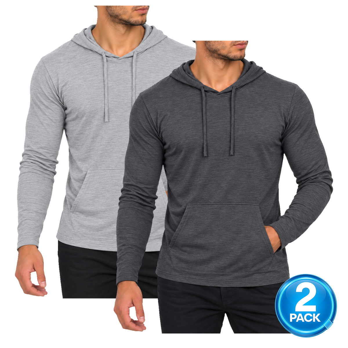 Men's 2-Pack Long Sleeve T-Shirt Hoodie in Heather Grey & Charcoal