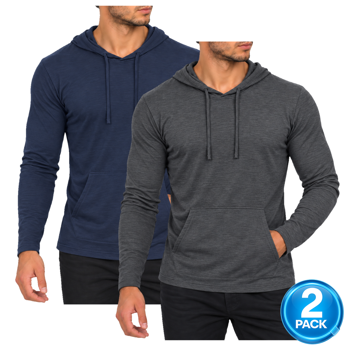 Men's 2-Pack Long Sleeve T-Shirt Hoodie in Navy & Charcoal