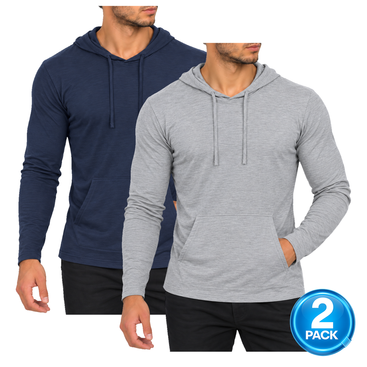 Men's 2-Pack Long Sleeve T-Shirt Hoodie in Navy & Heather Grey