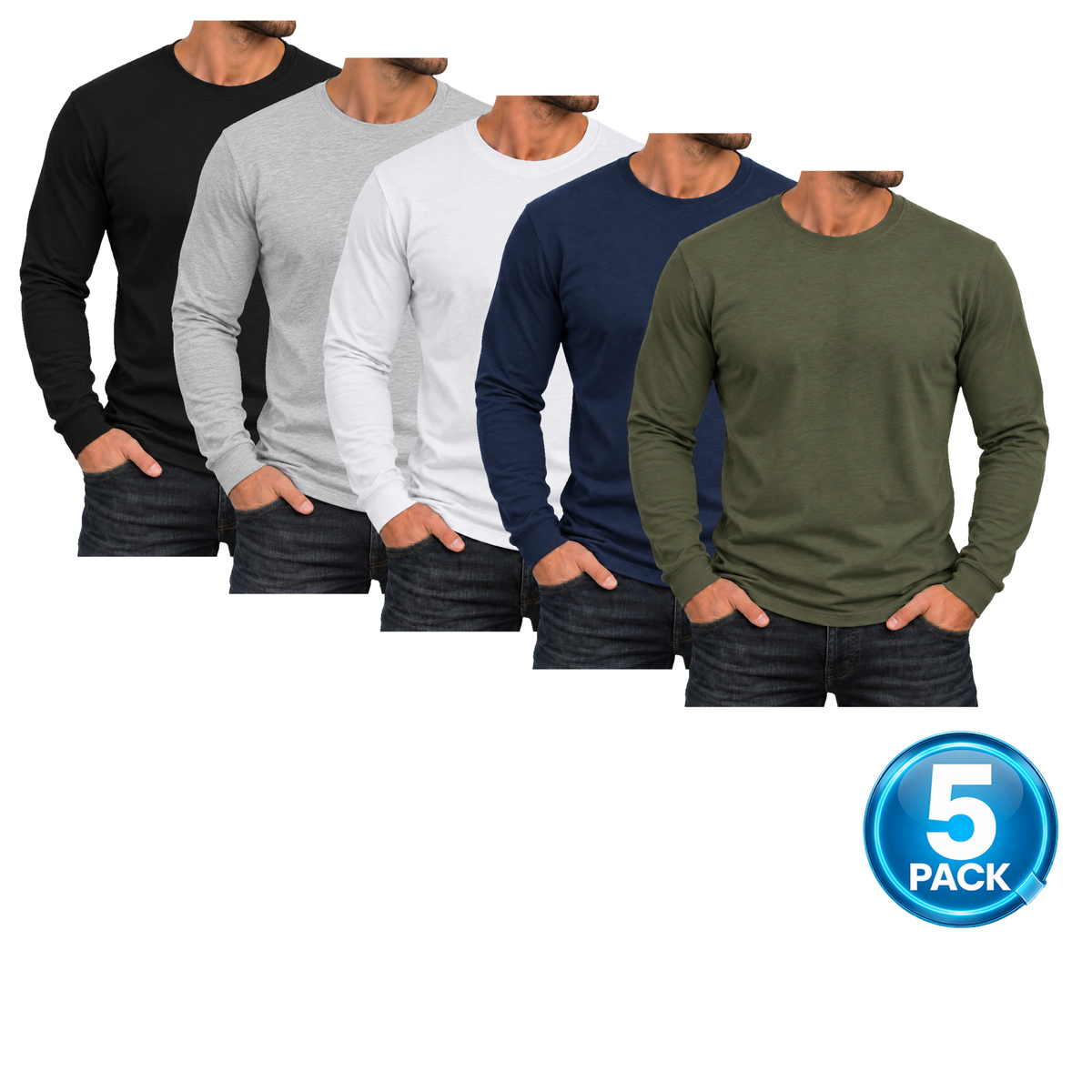Men's 5 Pack Cotton-Blend Long Sleeve T-Shirts in Black, Heather Grey, White, Navy & Olive