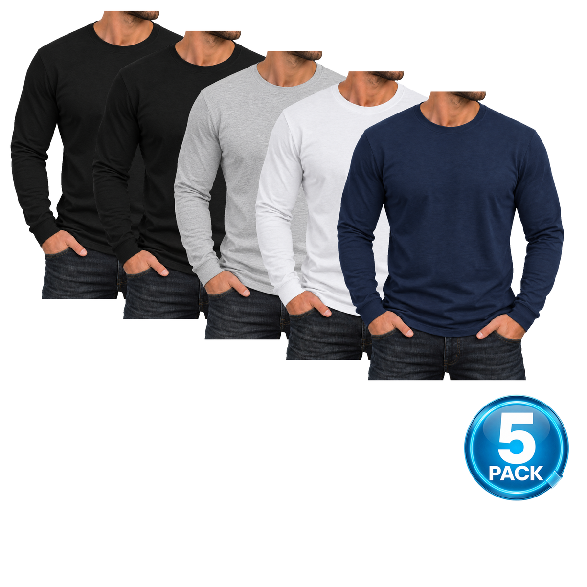 Men's 5 Pack Cotton-Blend Long Sleeve T-Shirts in 2 Black, Heather Grey, White, Navy