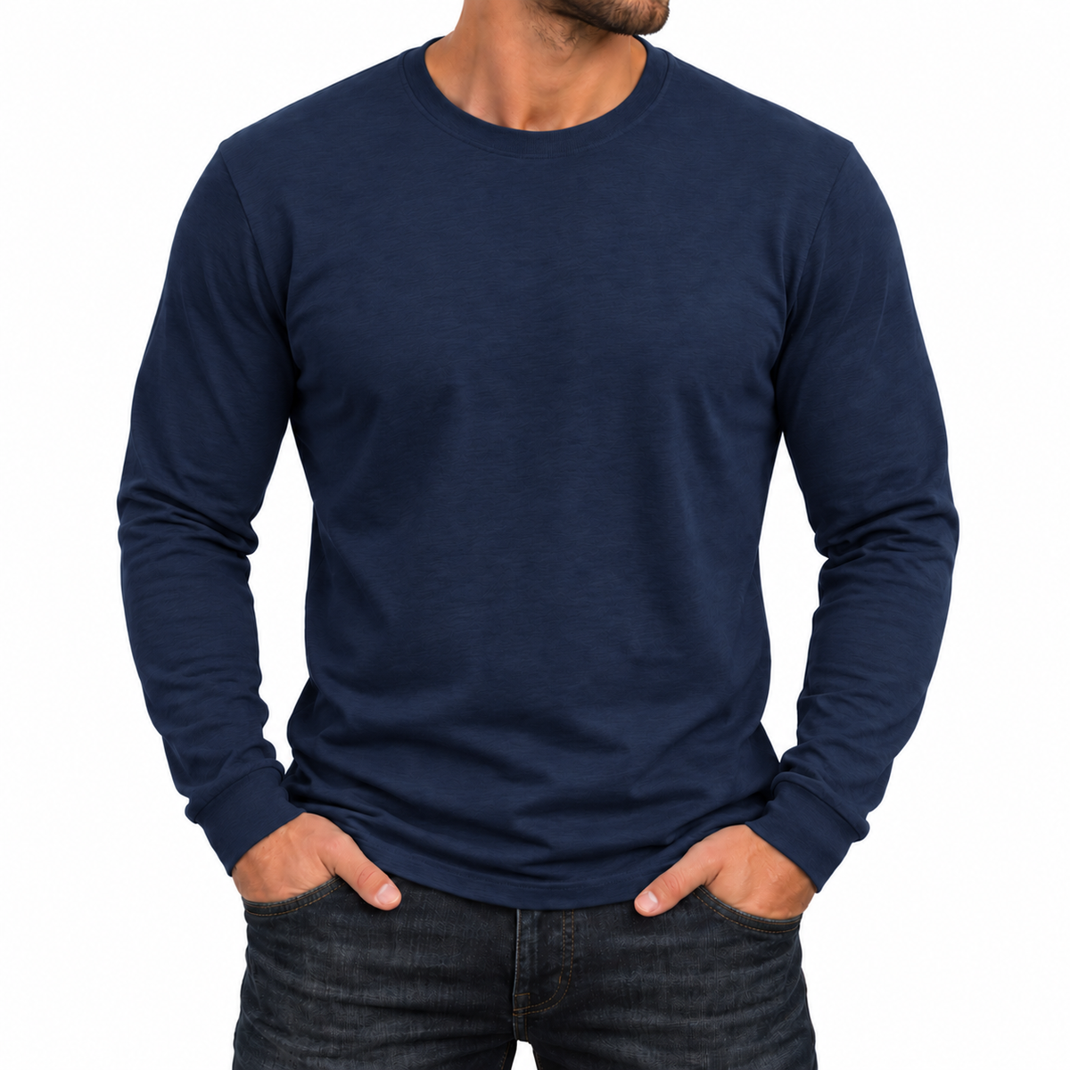 Men's Cotton-Blend Long Sleeve Crew Neck T-Shirt in Navy