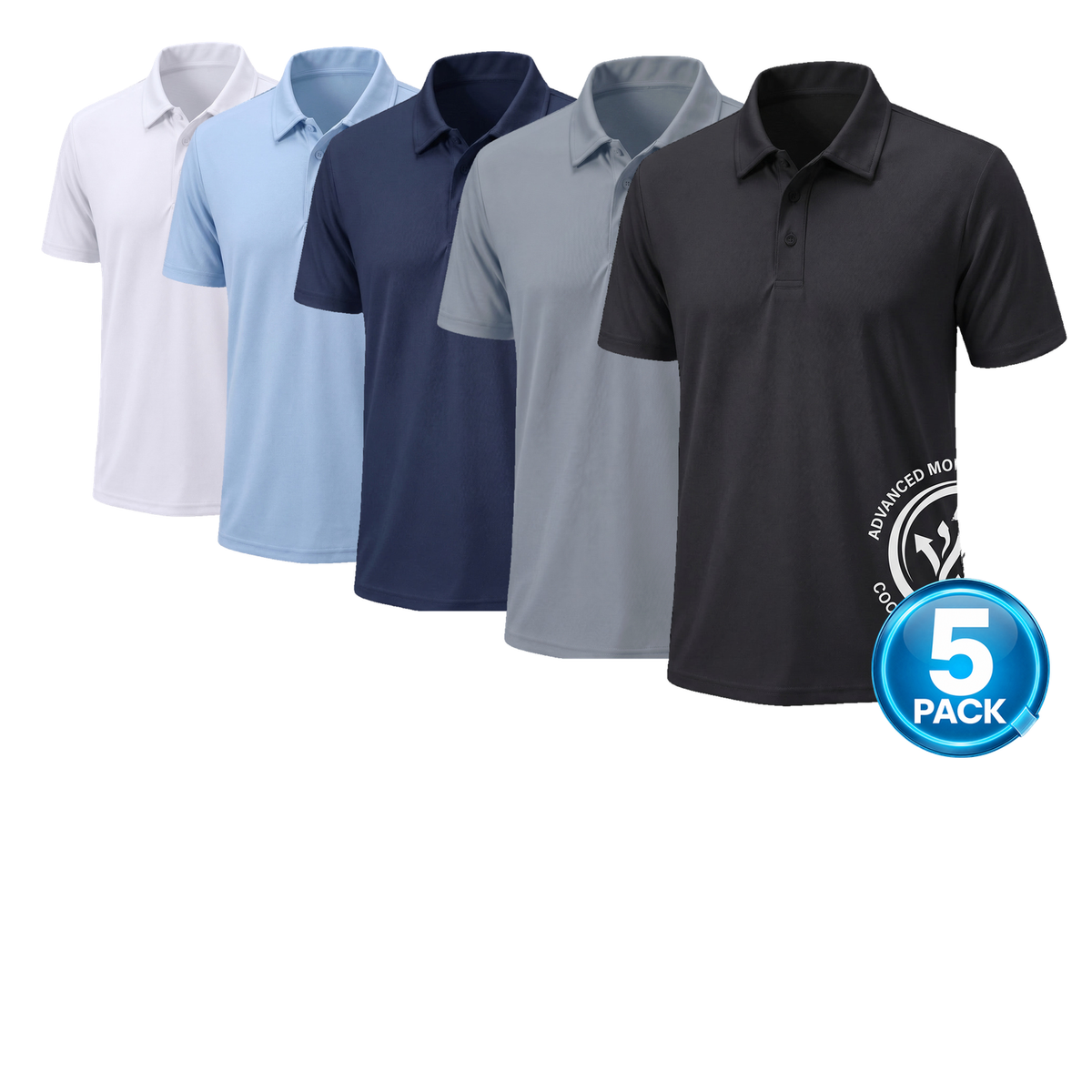Men's 5-Pack Dri-Fit Polo Shirt in Black, Heather Grey, Navy, Light Blue & White