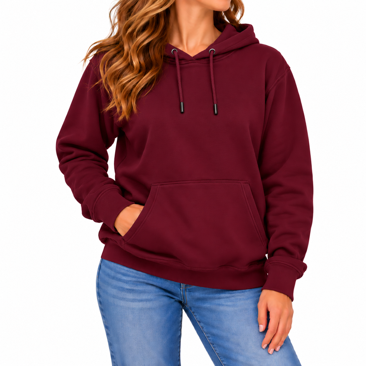 Women's Heavyweight Fleece-Lined Soft Pullover Hoodie in Burgundy