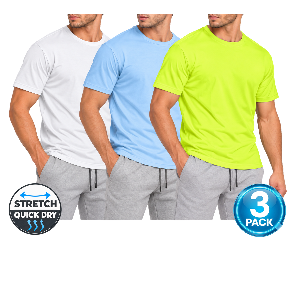 Men's 3-Pack Active Performance Crew Neck T-Shirt in White / Light Blue / Neon Green