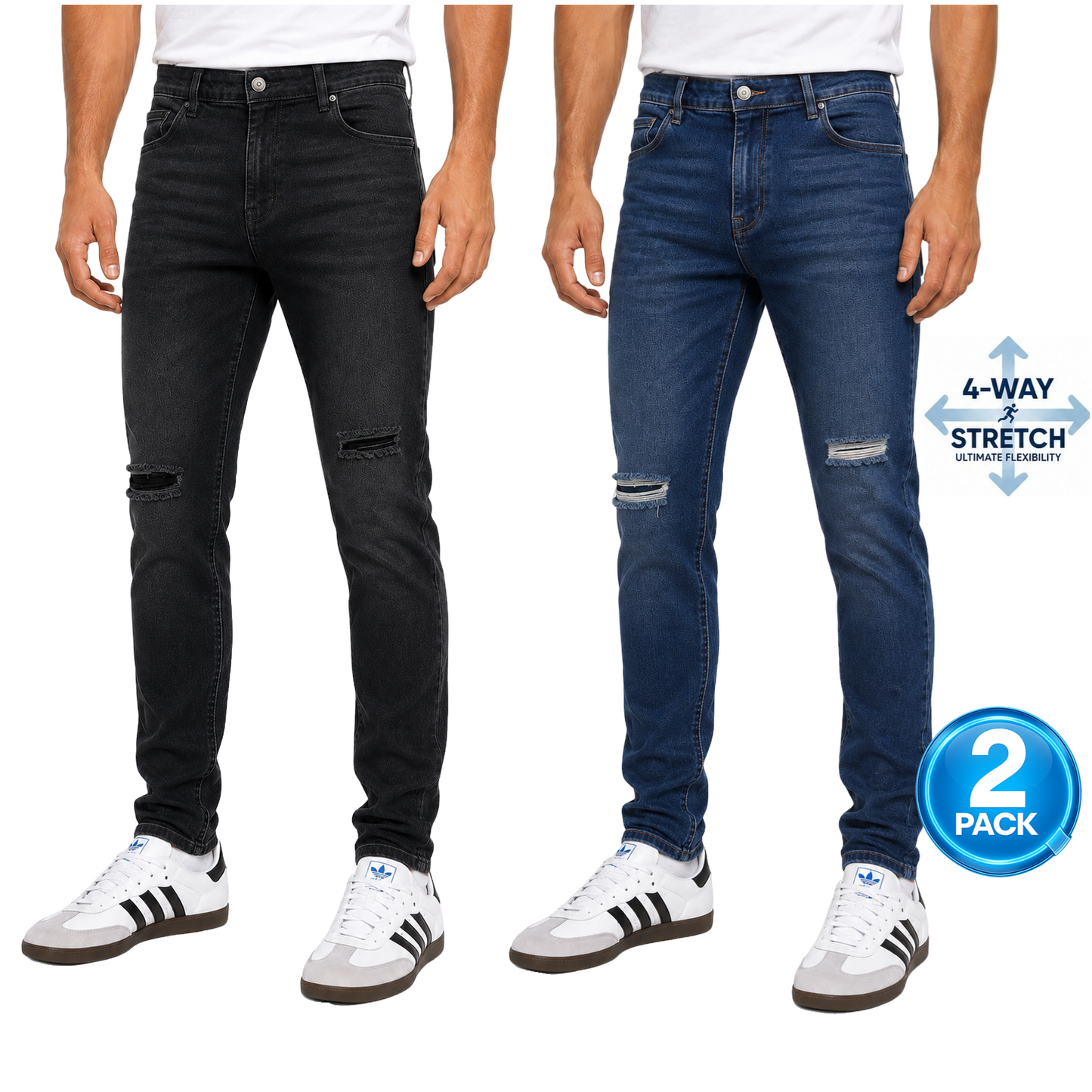 Men's 2-Pack Stretch Slim Fit Ripped Jeans in Dark Blue & Black Wash