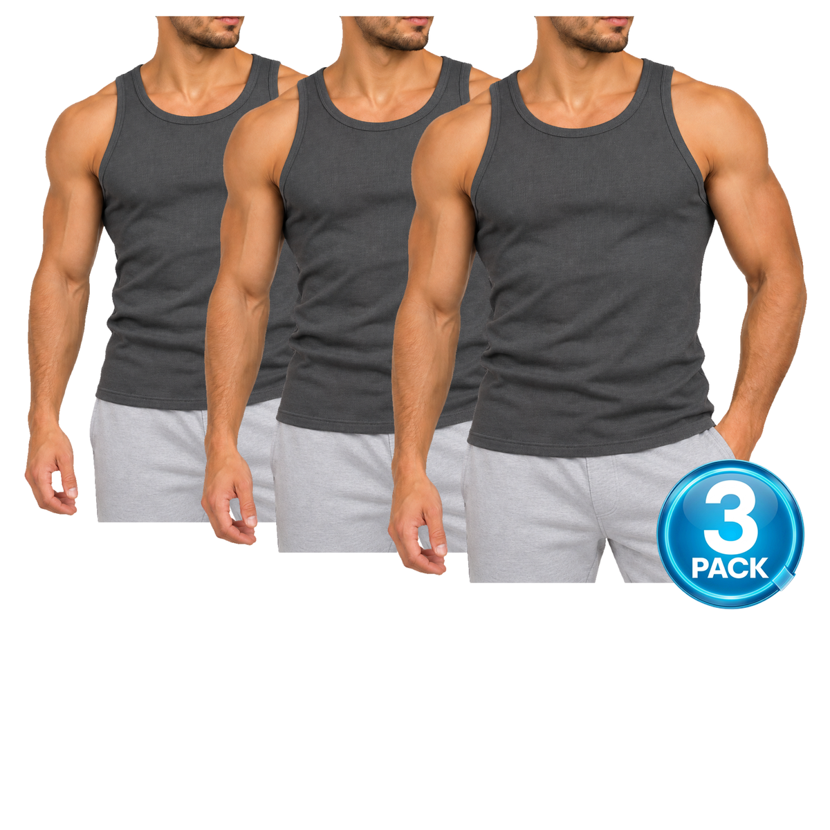Men's 3-Pack Heavyweight Ribbed Tank Top in Charcoal
