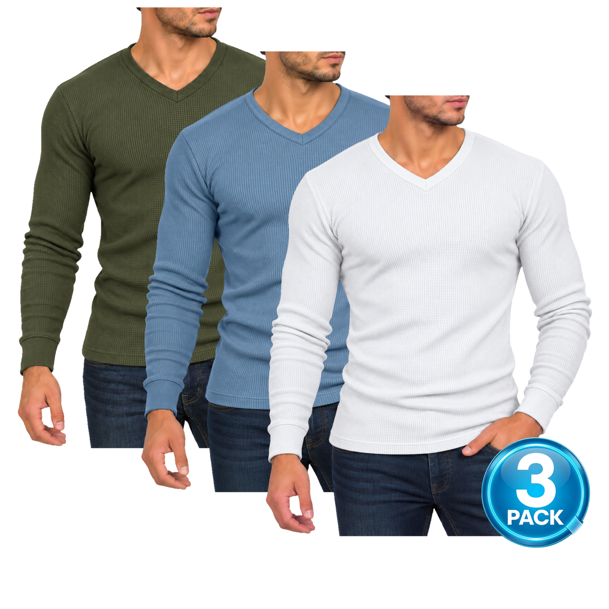 Men's 3-Pack Waffle-Knit Long Sleeve V-Neck Shirt in Olive, Sky Blue & White