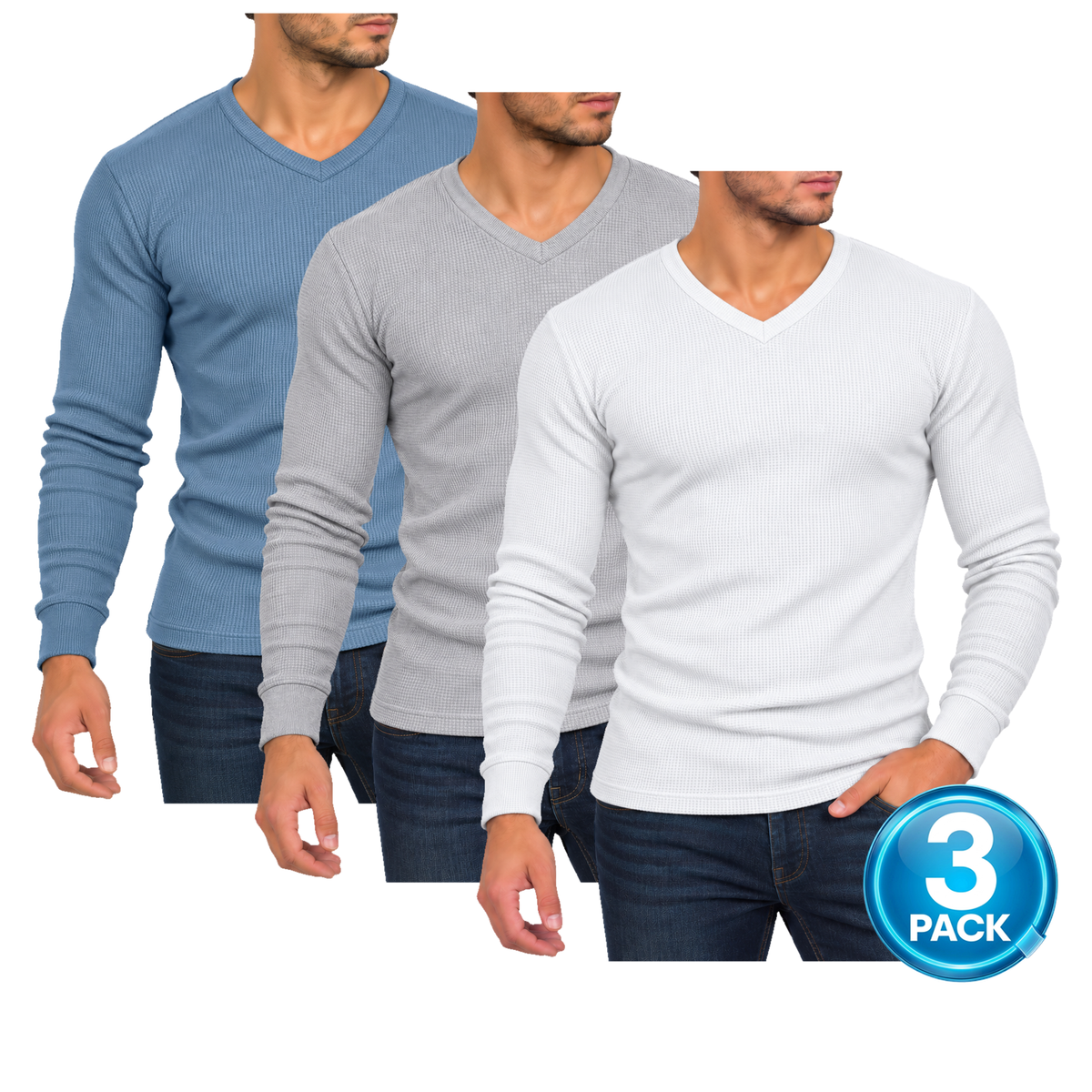 Men's 3-Pack Waffle-Knit Long Sleeve V-Neck Shirt in Sky Blue, Heather Grey & White