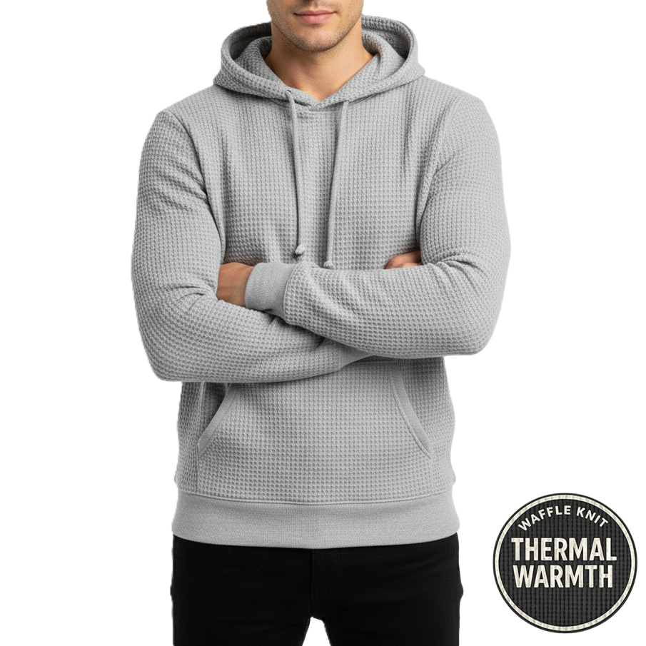 Men's Waffle-Knit Thermal Pullover Hoodie in Heather Grey