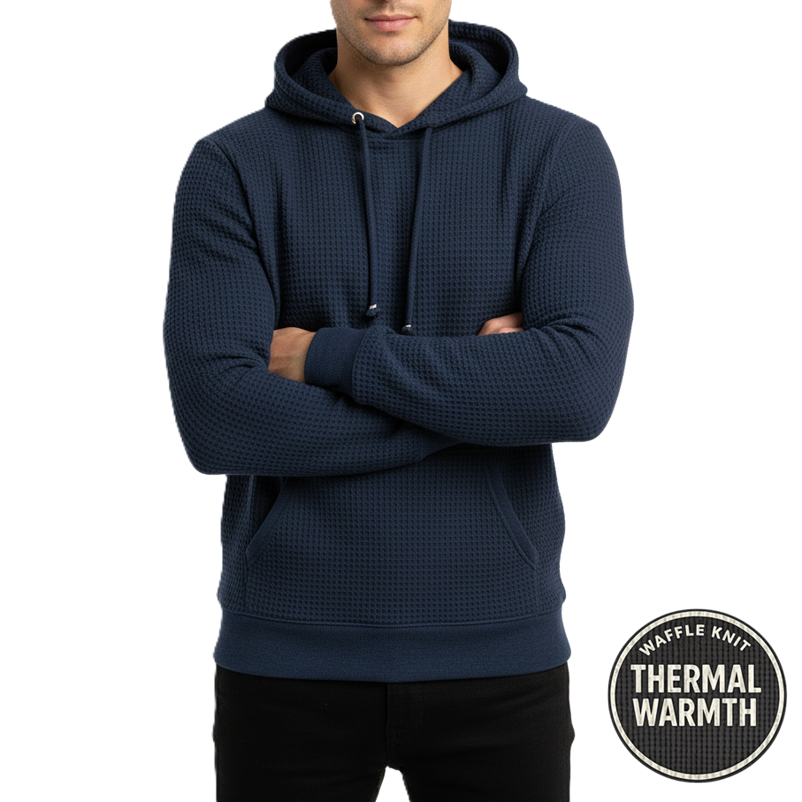 Men's Waffle-Knit Thermal Pullover Hoodie in Navy
