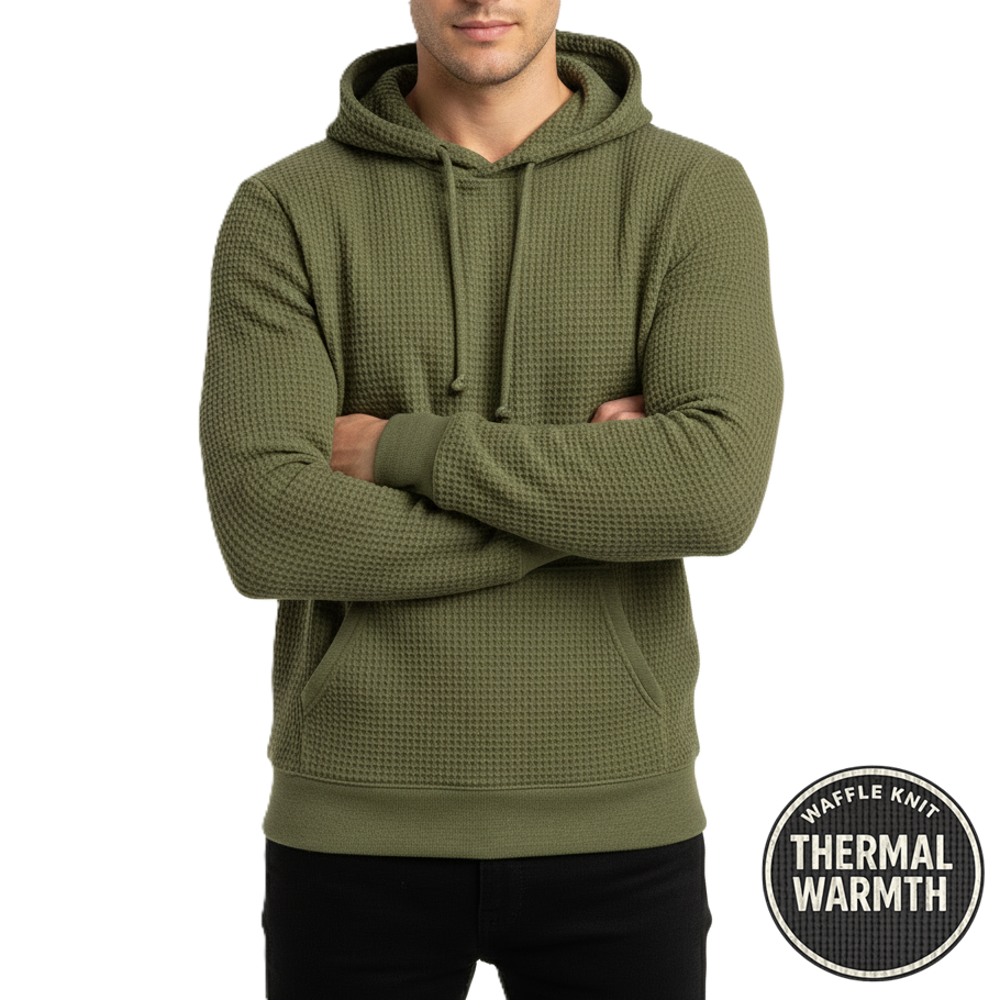 Men's Waffle-Knit Thermal Pullover Hoodie in Olive