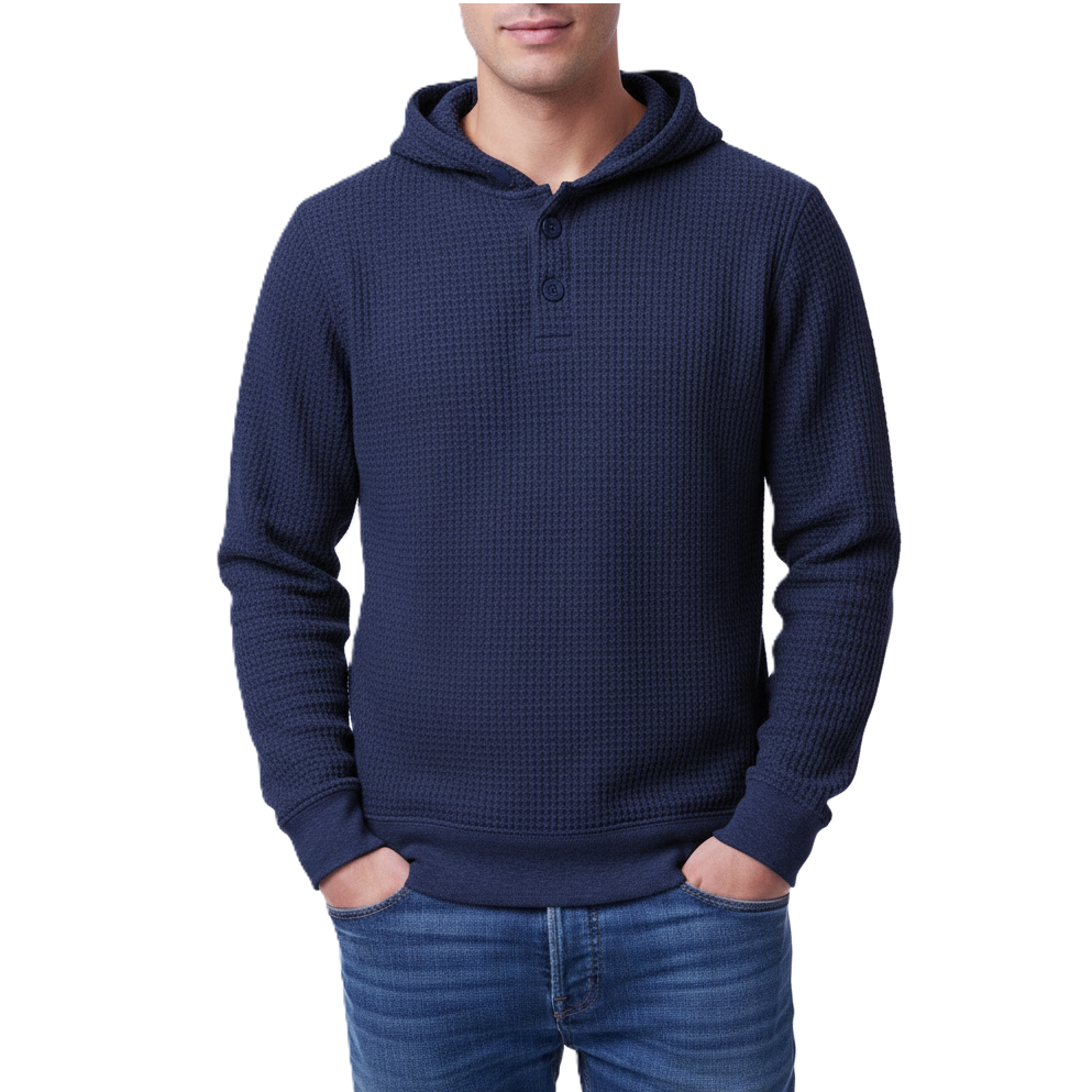 24 Pack Men's Waffle Knit Pullover Henley Hoodie Sweater in Navy