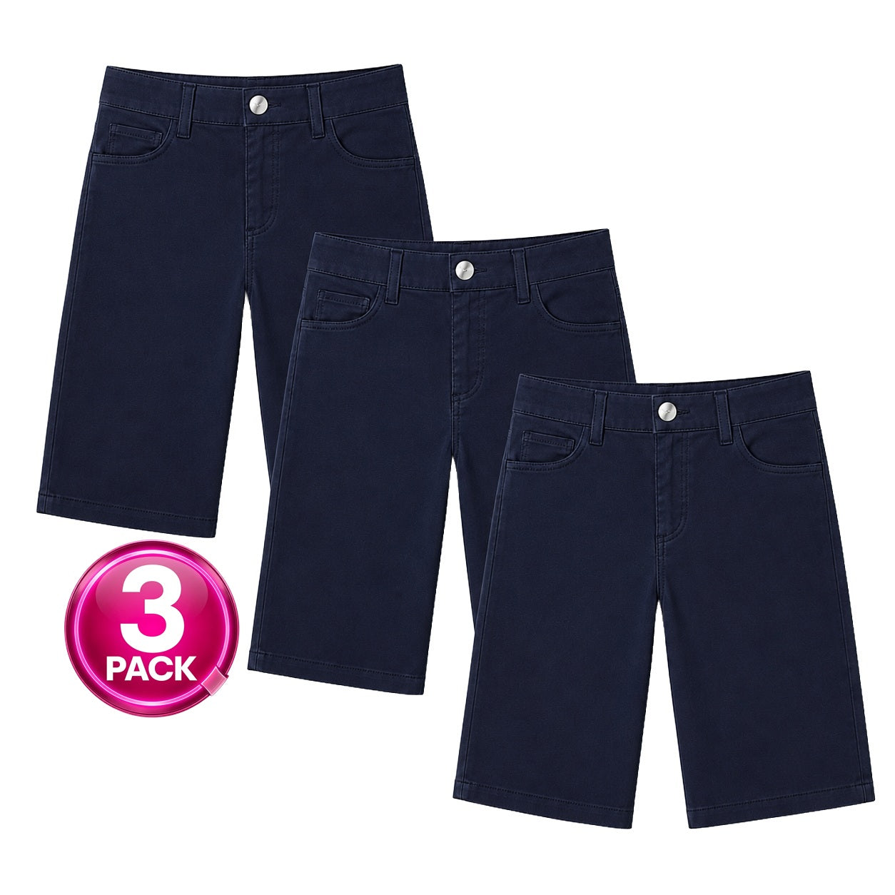 Young Women's 3-Pack Super Stretch School Uniform Bermuda Shorts in Navy