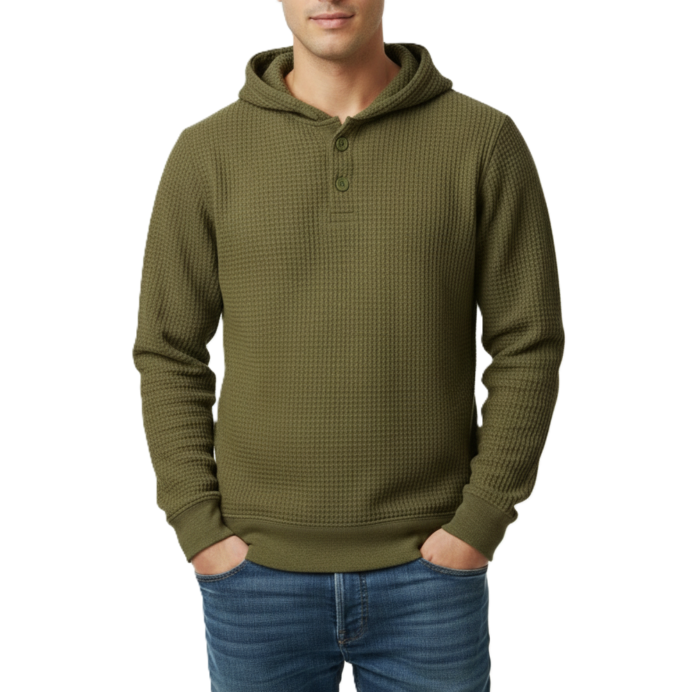 24 Pack Men's Waffle Knit Pullover Henley Hoodie Sweater in Olive