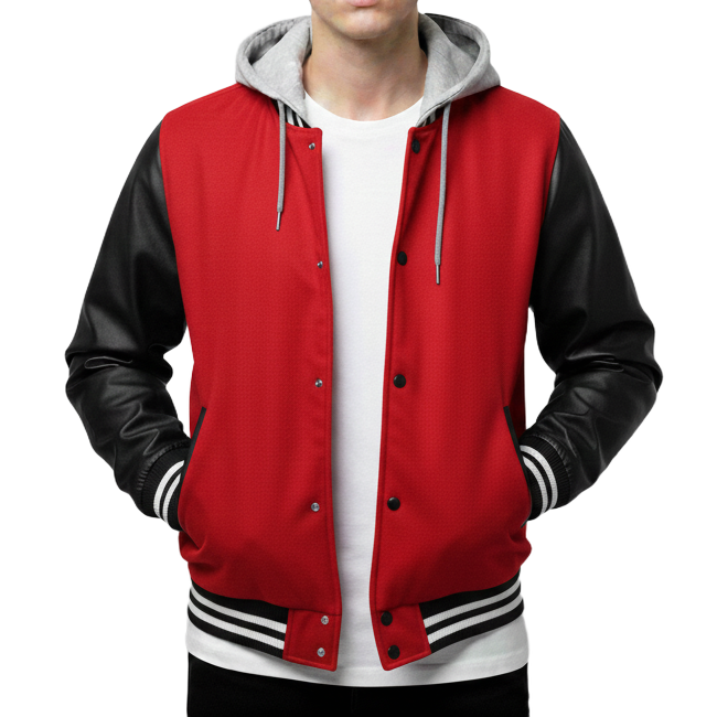 Red and black varsity jacket with a white shirt underneath on a white background