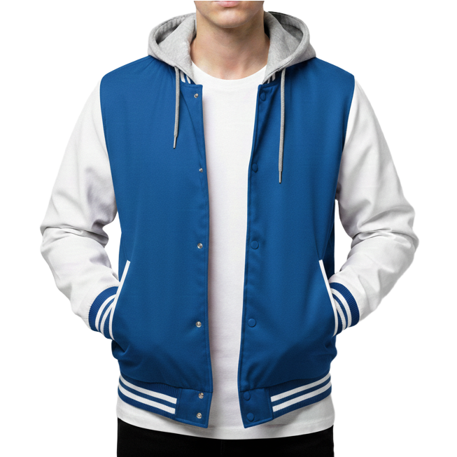 royal blue and white varsity jacket with gray hood on a white background