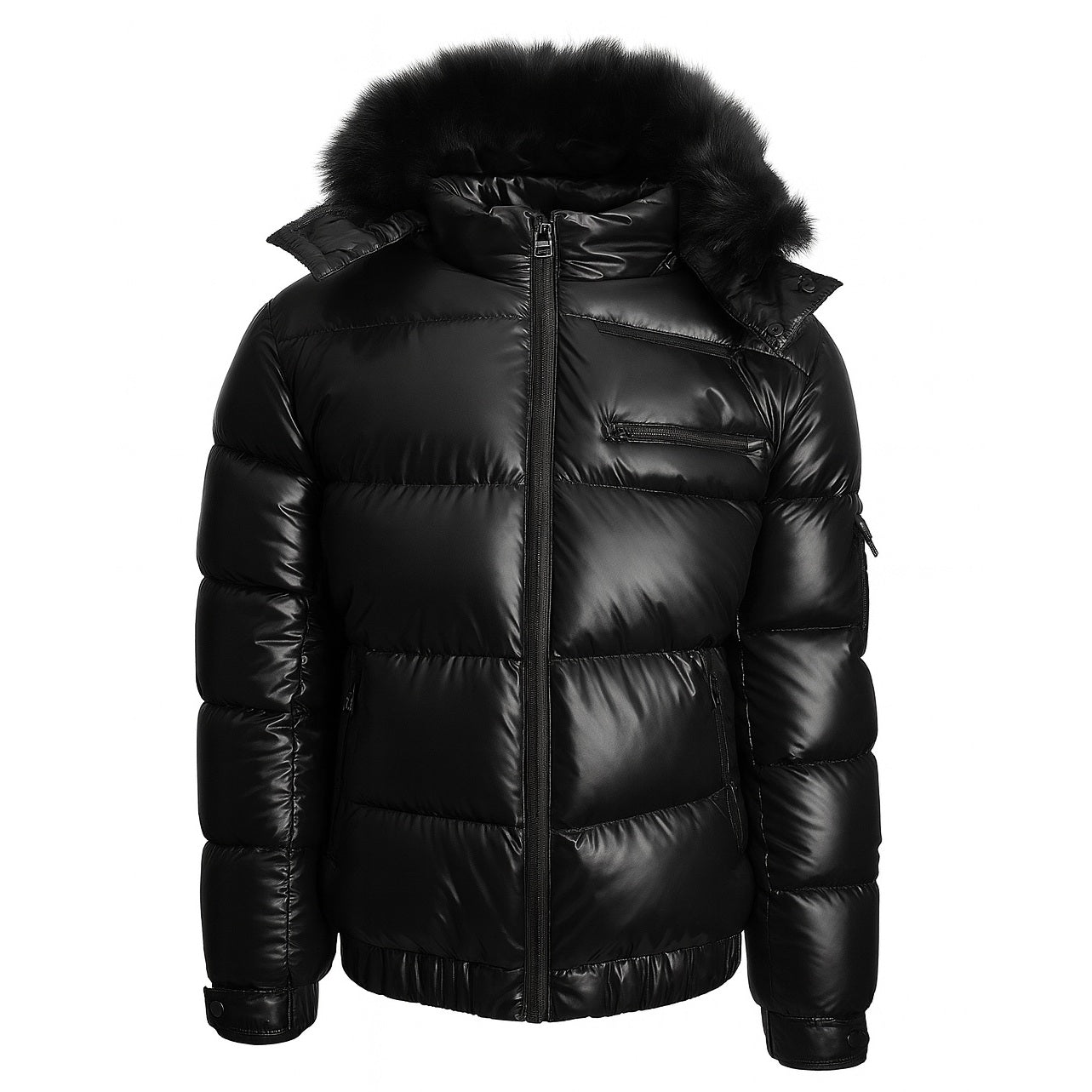 Wholesale Adult Matte Shiny Puffer Jacket with Fur Hood Black 
