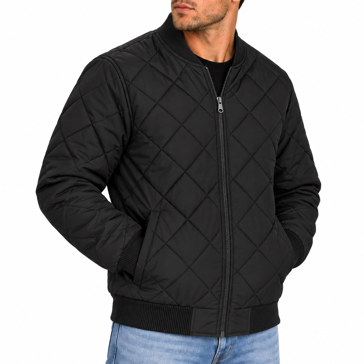 Men's Padded Quilted Bomber Jacket in Black