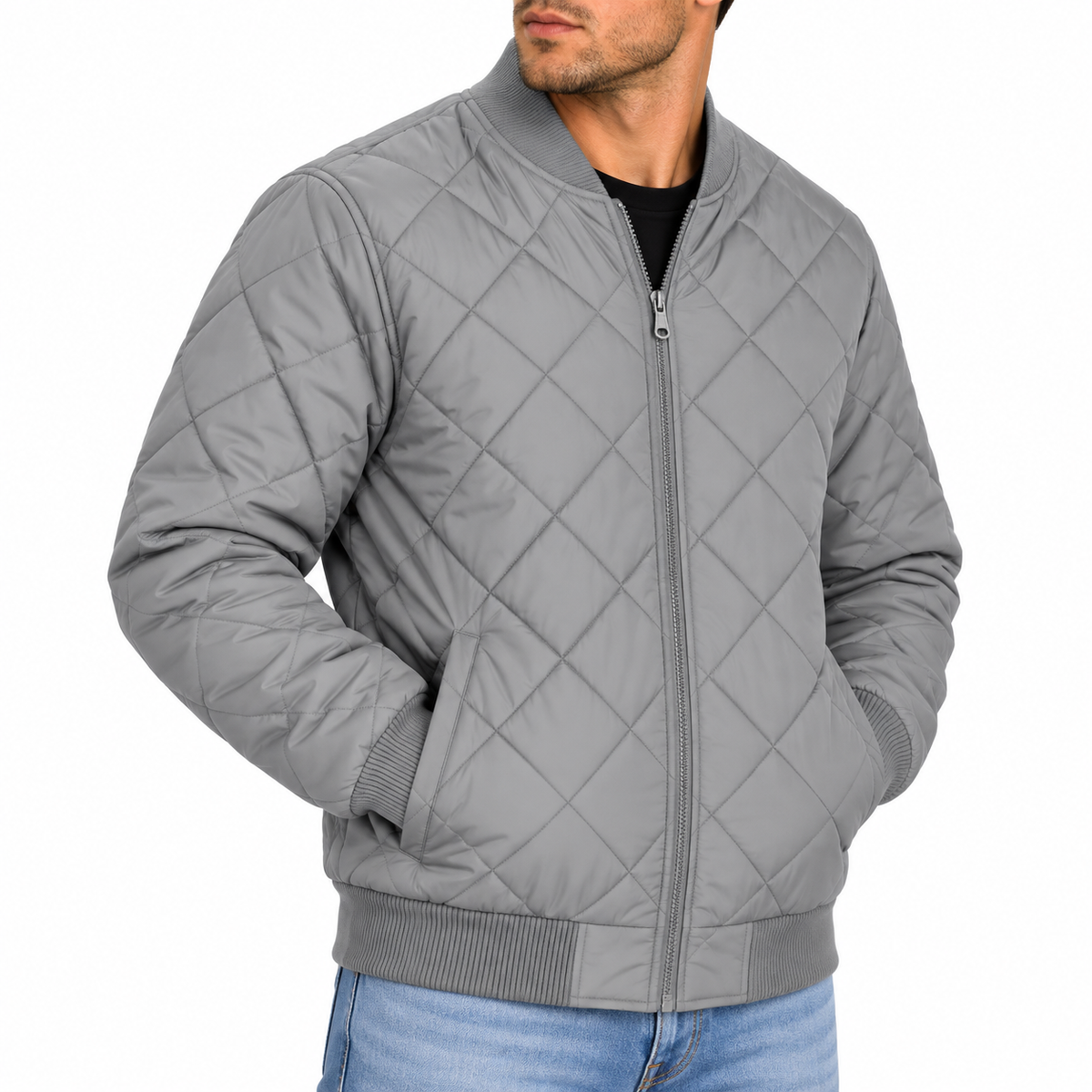 Men's Padded Quilted Bomber Jacket in Grey