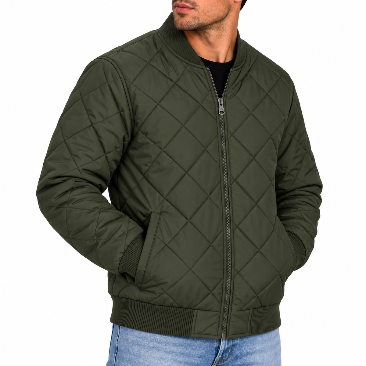 Men's Padded Quilted Bomber Jacket in Olive