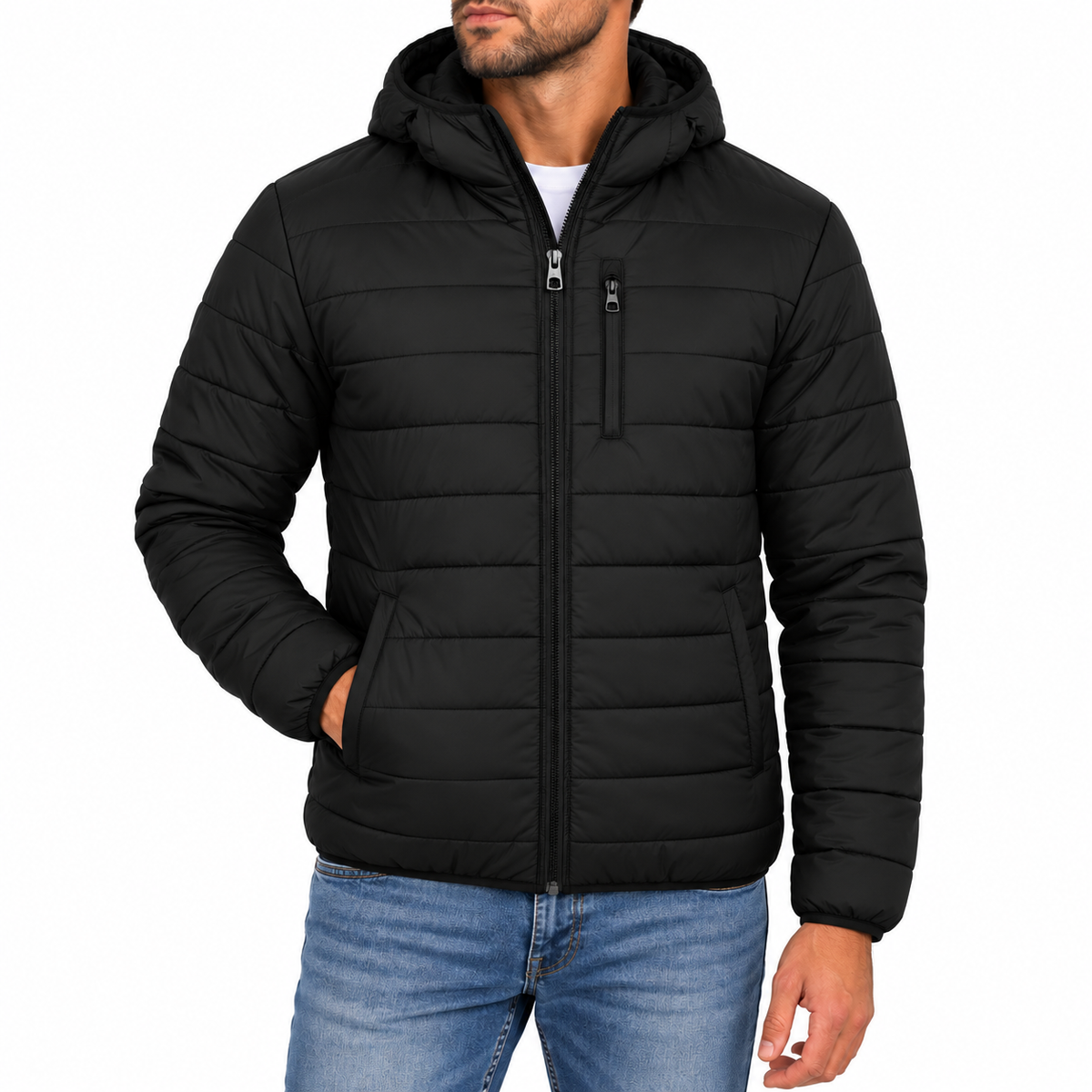 Men's Classic Sherpa Fleece Lined Hooded Puffer Jacket in Black