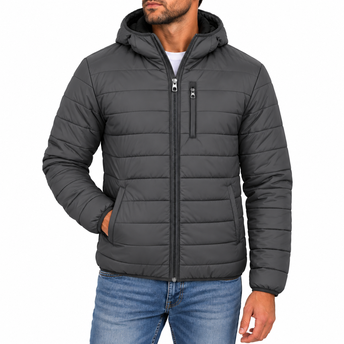 Men's Classic Sherpa Fleece Lined Hooded Puffer Jacket in Charcoal