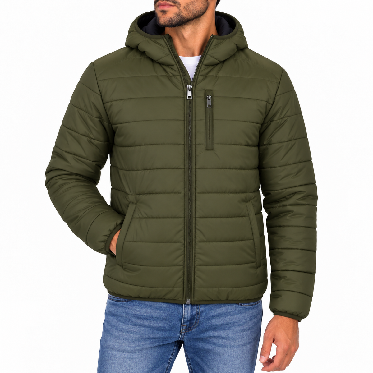 Men's Classic Sherpa Fleece Lined Hooded Puffer Jacket in Olive