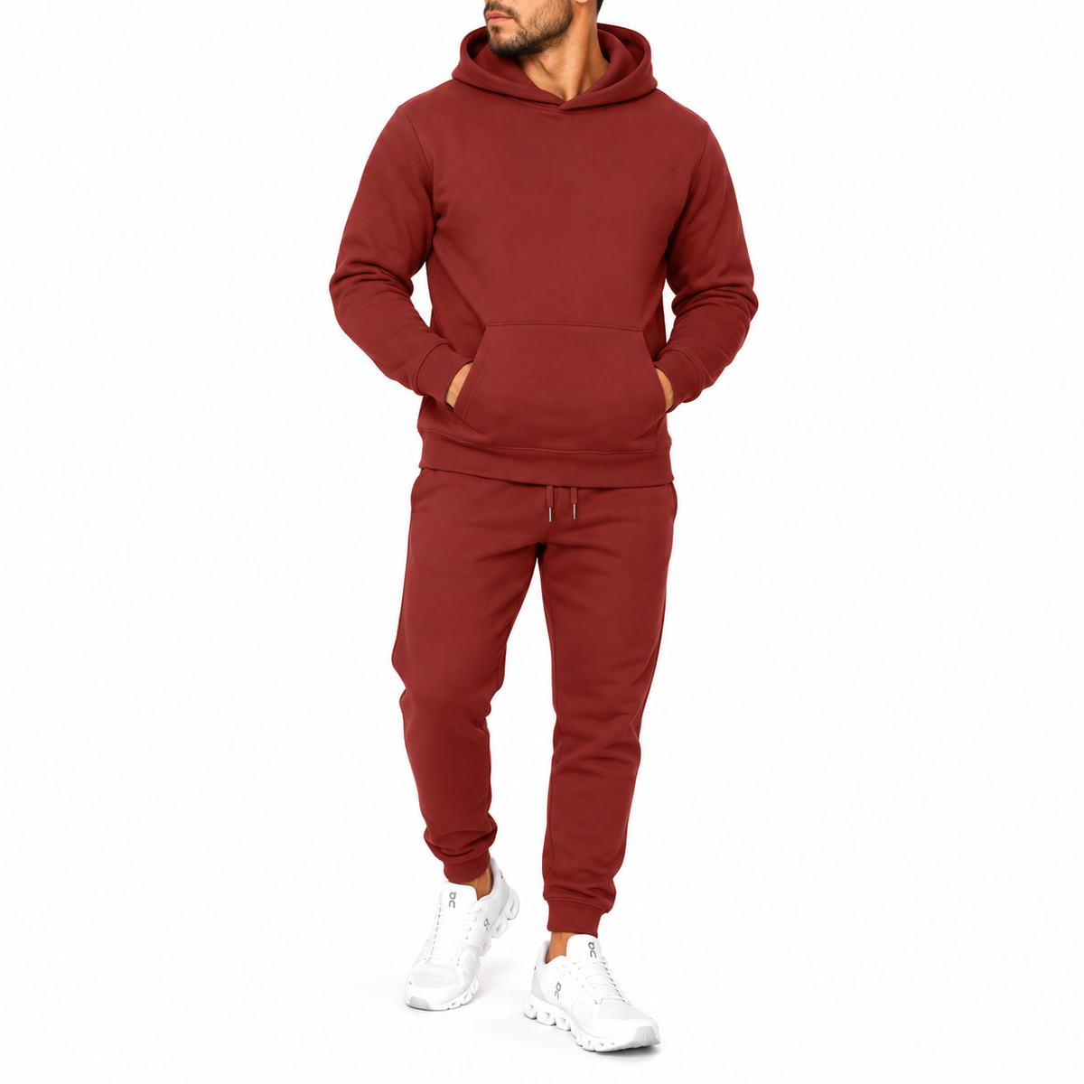 Men's Heavyweight Soft Fleece Cotton Blend Pullover Hoodie & Sweatpants Set in Brick Red