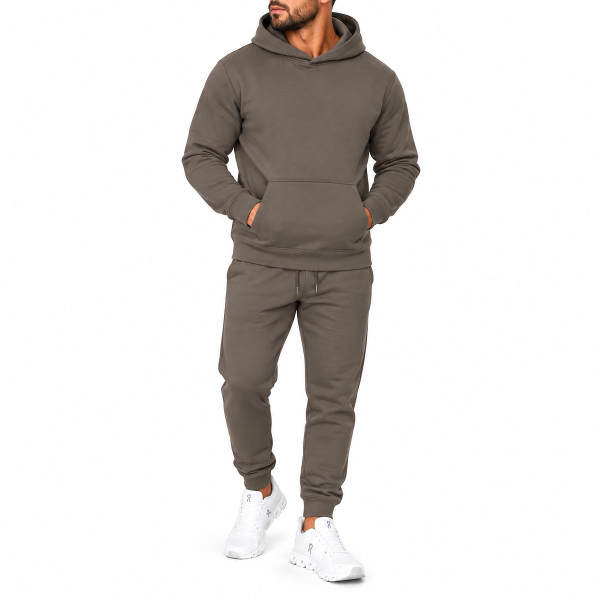 Men's Heavyweight Soft Fleece Cotton Blend Pullover Hoodie & Sweatpants Set in Khaki Brown