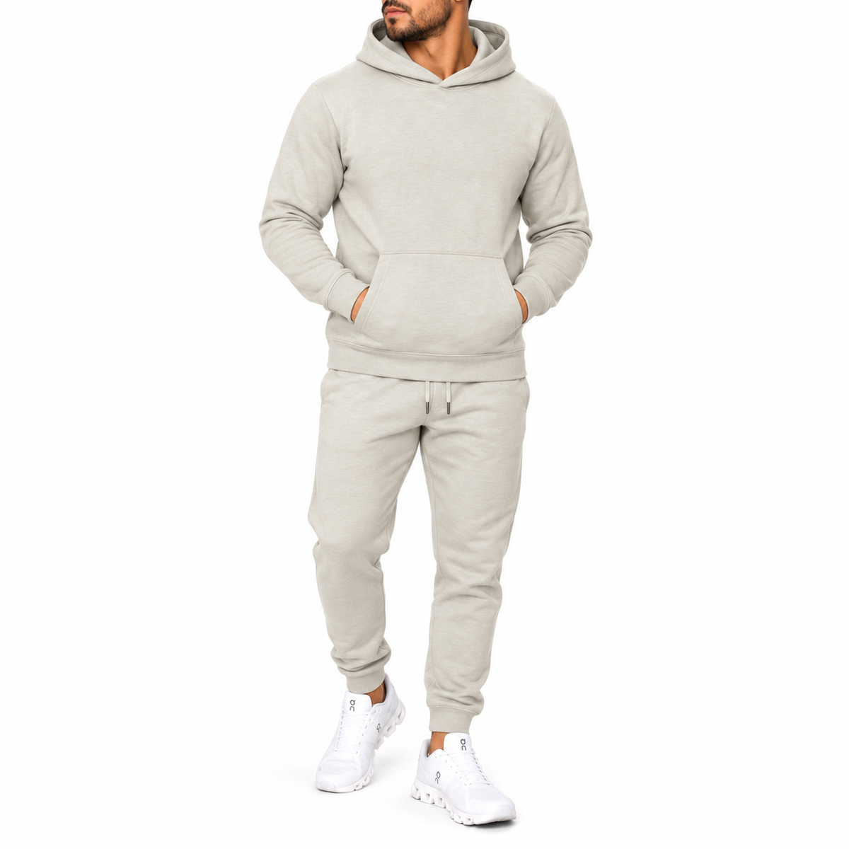 Men's Heavyweight Soft Fleece Cotton Blend Pullover Hoodie & Sweatpants Set in Light Oatmeal