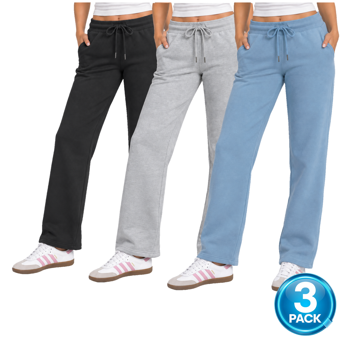 Women's 3 Pack Heavyweight Wide Leg Loose-Fit Fleece Sweatpants in Black, Heather Grey & Light Blue