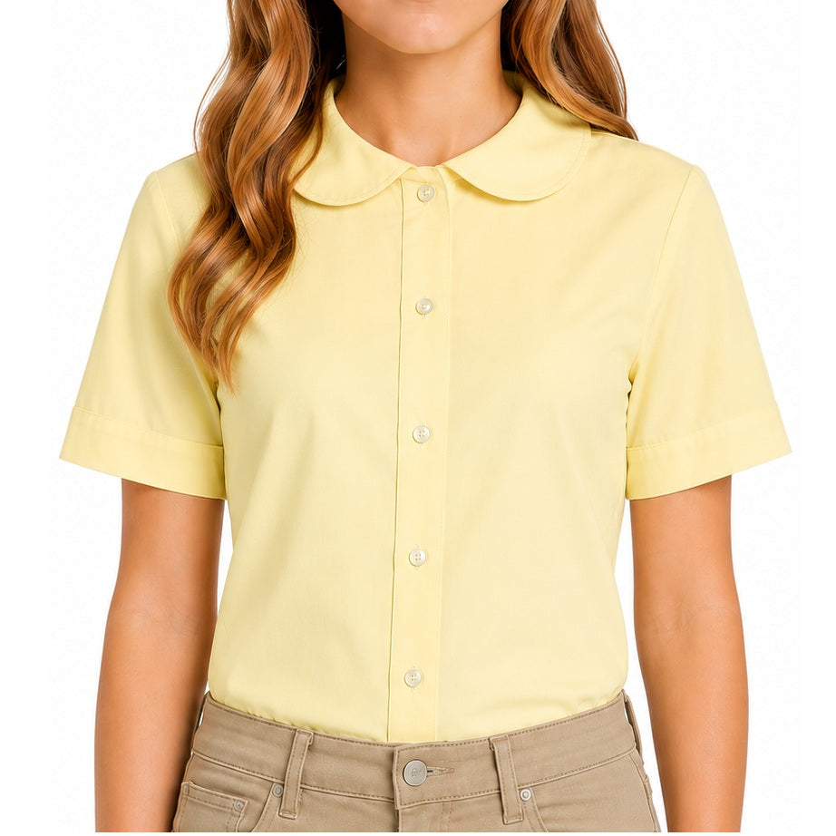 Girls Short Sleeve Button Down Peter Pan Blouse in Yellow