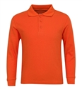 Wholesale Adult Size long Sleeve Pique Polo Shirt School Uniform in Orange. High School Uniform polo Shirts