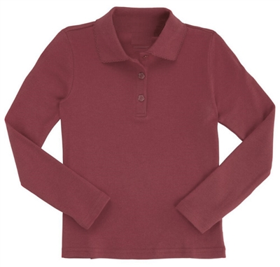 Wholesale Girls Long Sleeve Knit Polo with Picot Collar in Burgundy