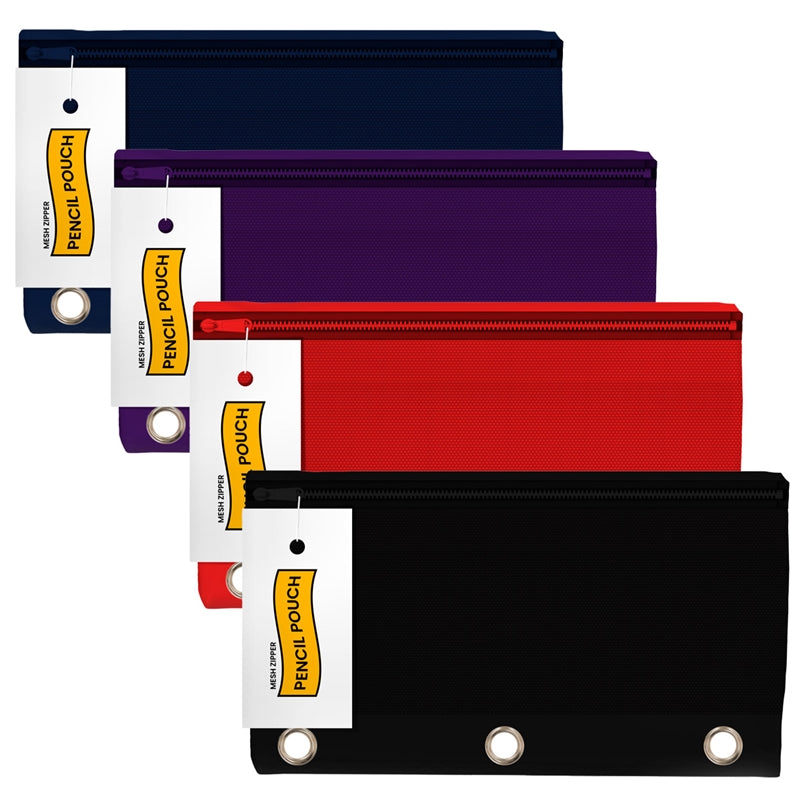 Wholesale Mesh Zipper Pencil Pouch 3 Hole Assorted Colors - 48 Per Case