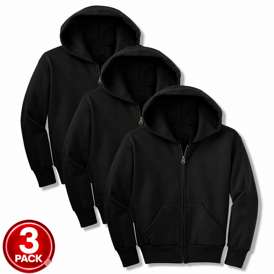 Youth Unisex 3-Pack Fleece Zip Up Hoodie in Black