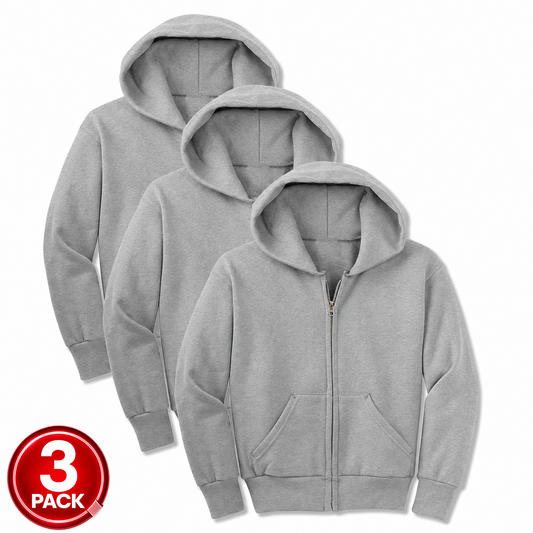 Youth Unisex 3-Pack Fleece Zip Up Hoodie in Heather Grey