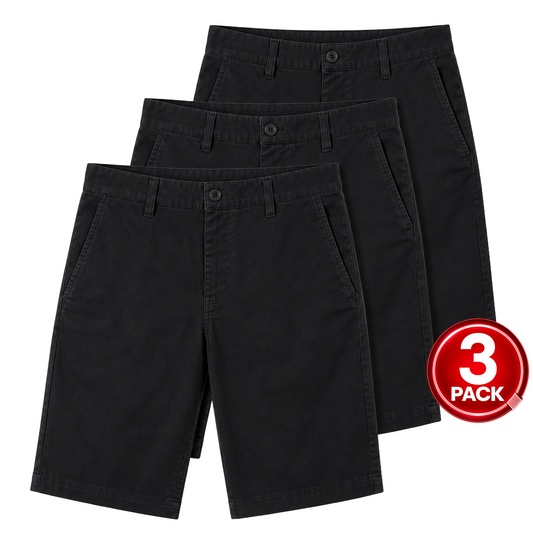 Young Men's 3-Pack Flat Front School Uniform Stretch Shorts in Black