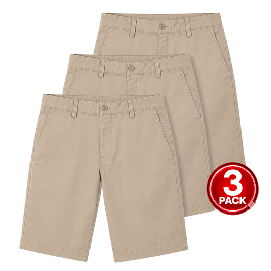 Young Men's 3-Pack Flat Front School Uniform Stretch Shorts in Khaki