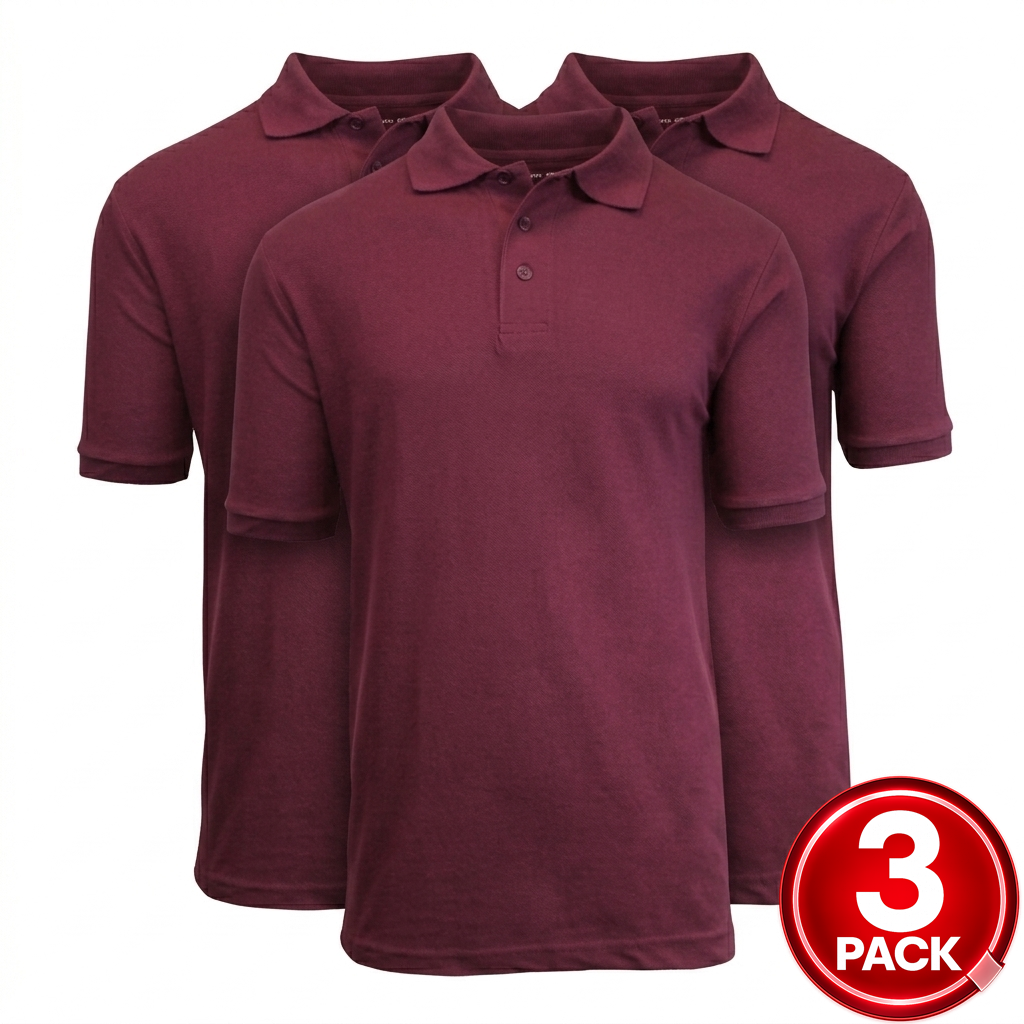 3-Pack Adult Short Sleeve Pique School Uniform Polo Shirt in Burgundy