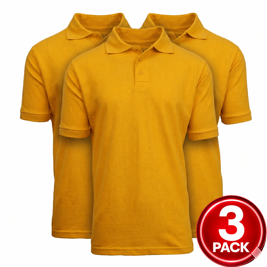 3-Pack Adult Short Sleeve Pique School Uniform Polo Shirt in Gold