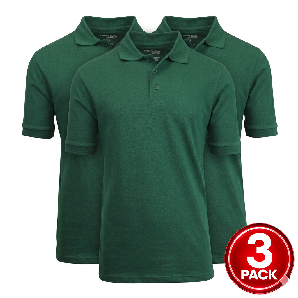 3-Pack Adult Short Sleeve Pique School Uniform Polo Shirt in Hunter Green