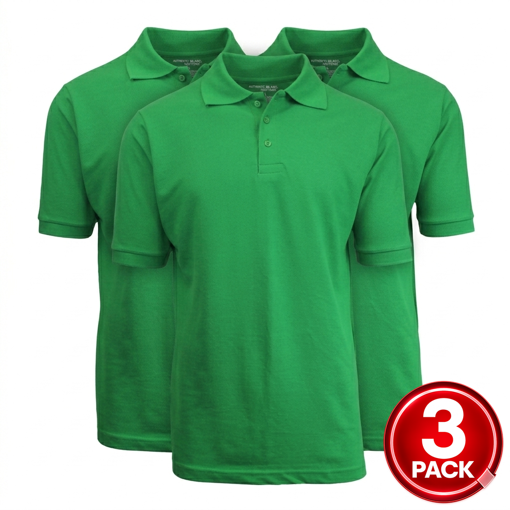 3-Pack Adult Short Sleeve Pique School Uniform Polo Shirt in Kelly Green