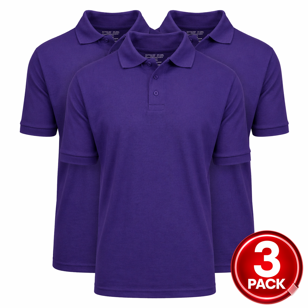 3-Pack Adult Short Sleeve Pique School Uniform Polo Shirt in Purple