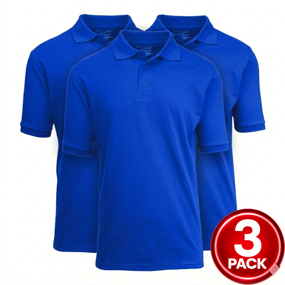 3-Pack Adult Short Sleeve Pique School Uniform Polo Shirt in Royal Blue
