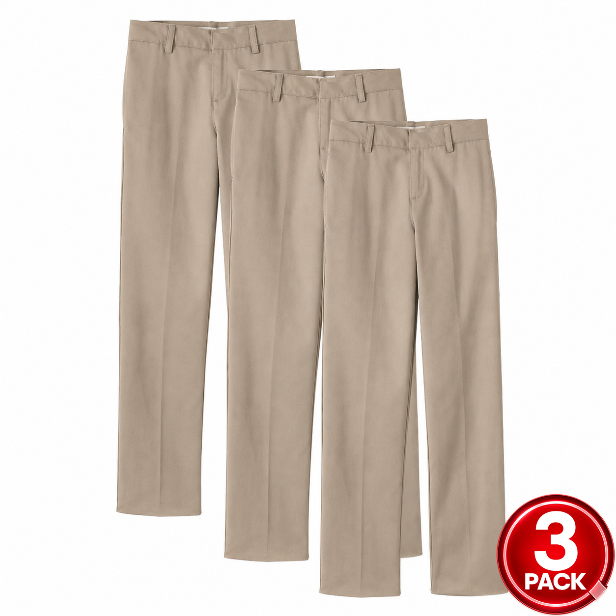 Young Men's 3-Pack Flat Front School Uniform Pants in Khaki
