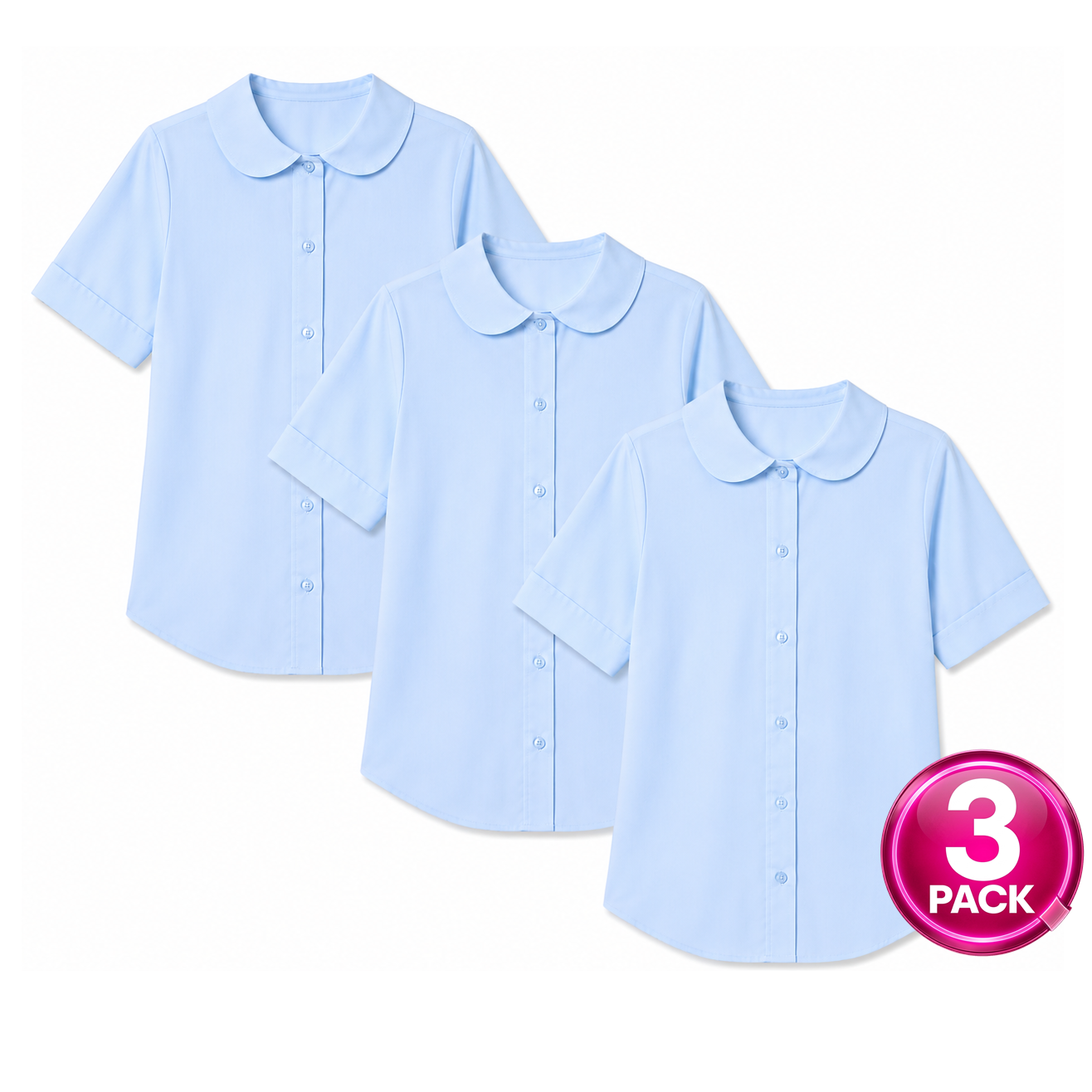 Girls 3-Pack Short Sleeve Button Down Peter Pan Blouse in Light Blue