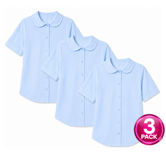 Girls 3-Pack Short Sleeve Button Down Peter Pan Blouse in Light Blue